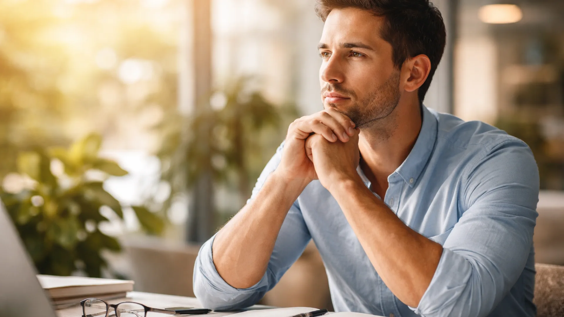 importancia del autocontrol en una persona reflexionando antes de actuar en su mesa de trabajo