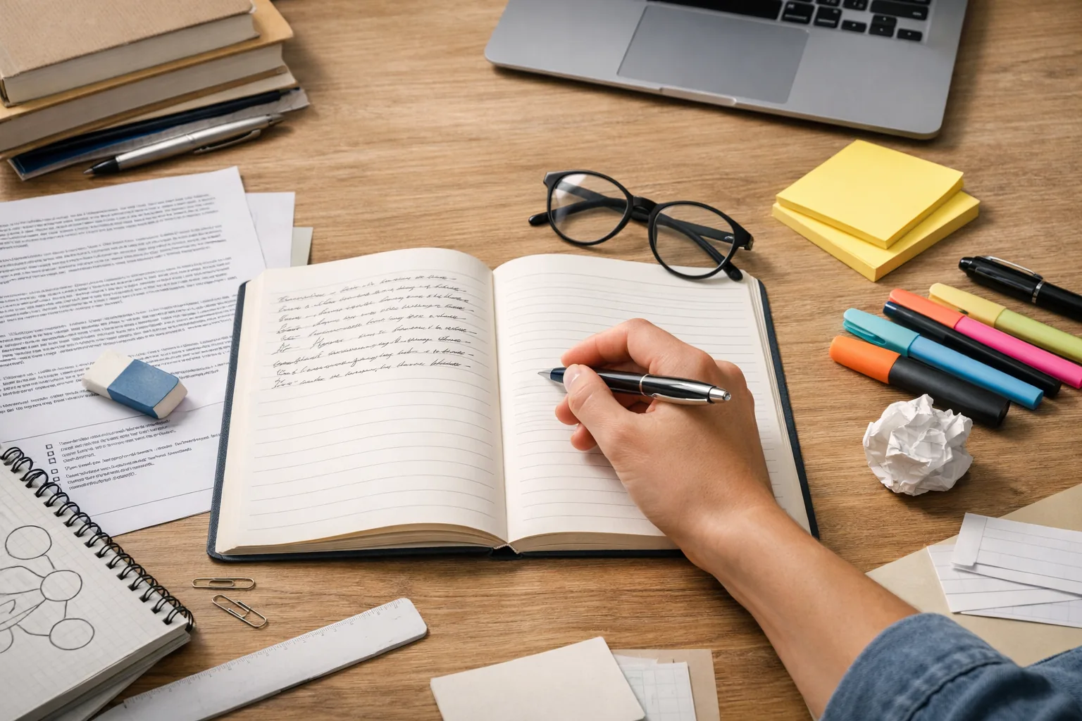 preparación de exámenes escritos con cuaderno abierto y material de estudio sobre escritorio