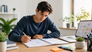 habilidades de análisis en estudiante organizando apuntes y resolviendo tareas de estudio