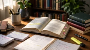 Mesa de estudio con libros y apuntes para aplicar métodos de estudio para literatura en exámenes