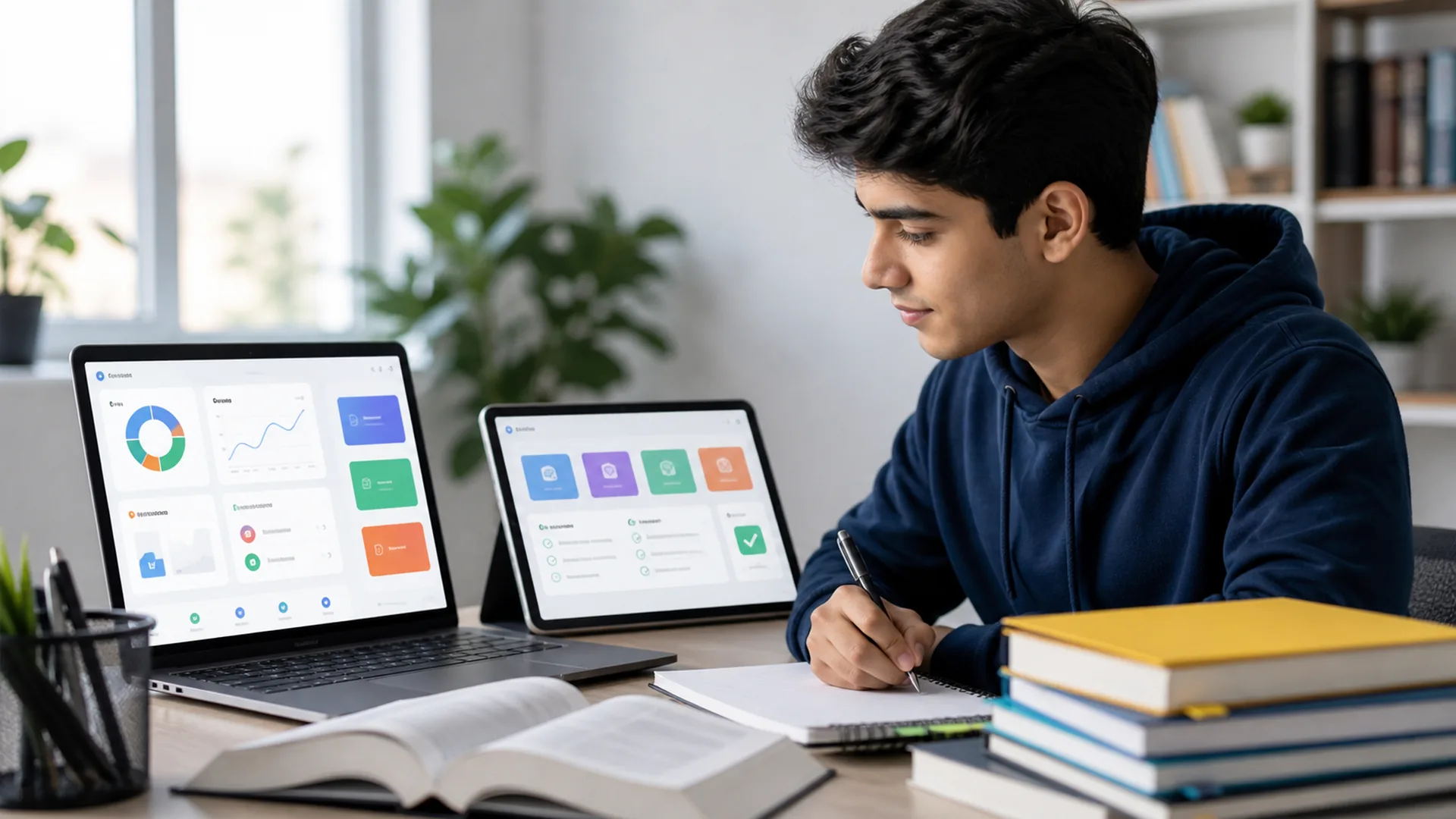 Estudiante usando plataformas para preparar exámenes en portátil y tablet con recursos digitales de estudio
