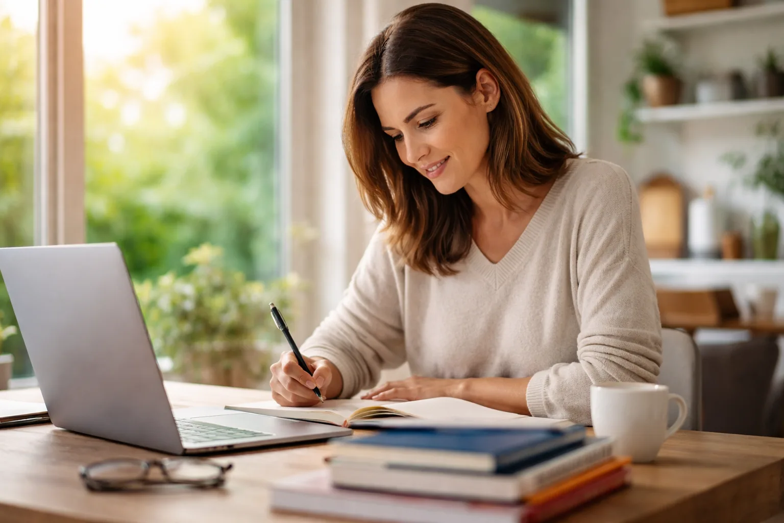 volver a estudiar de adulto desde casa con portátil y apuntes en un espacio de estudio luminoso