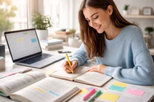 Estudiante planificando apuntes y repasos sobre cómo estudiar para la PAU en una mesa de estudio con libros, portátil y notas