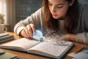 Curva del olvido en estudiante repasando apuntes para recordar mejor