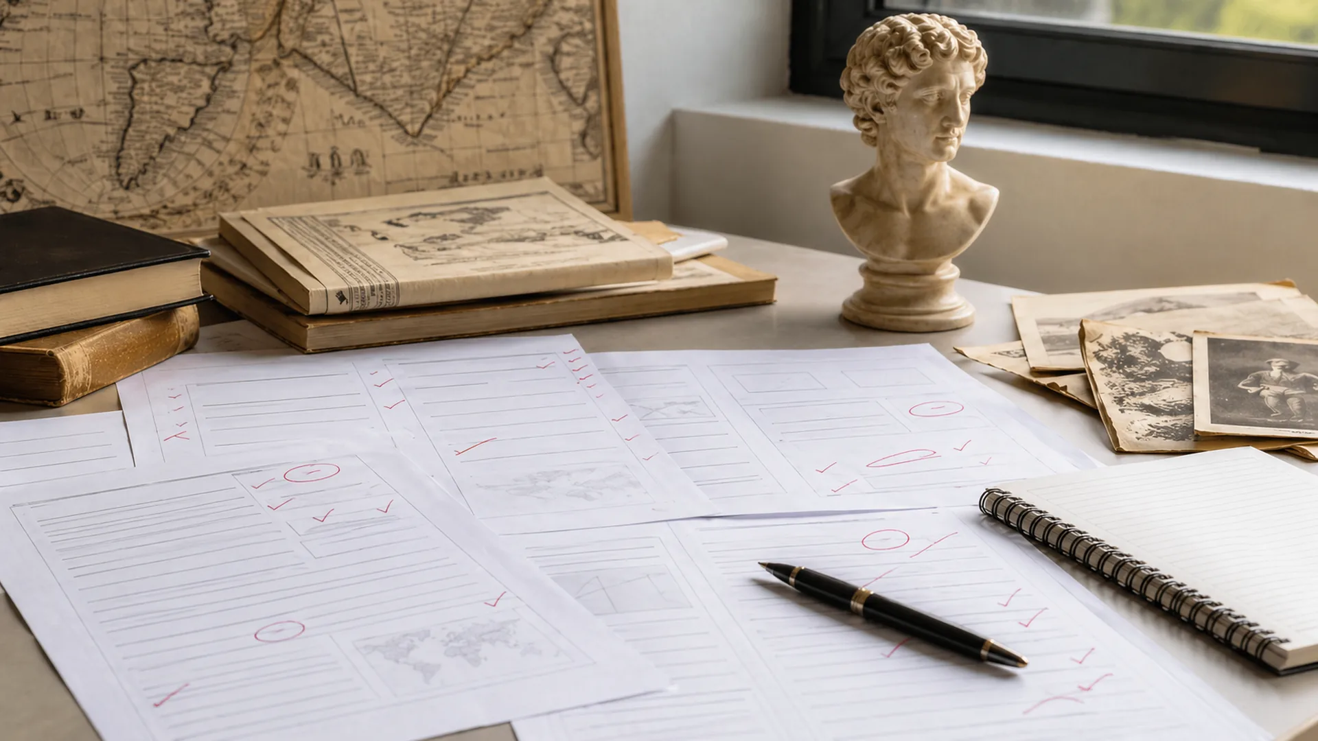 Exámenes de historia PAU resueltos con apuntes, mapas antiguos y documentos corregidos sobre una mesa de estudio.