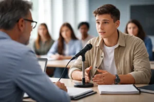 examenes orales contra IA en universidad con estudiante defendiendo conocimientos frente a profesor