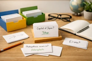 método Leitner con tarjetas de estudio organizadas para mejorar la memoria y el repaso espaciado