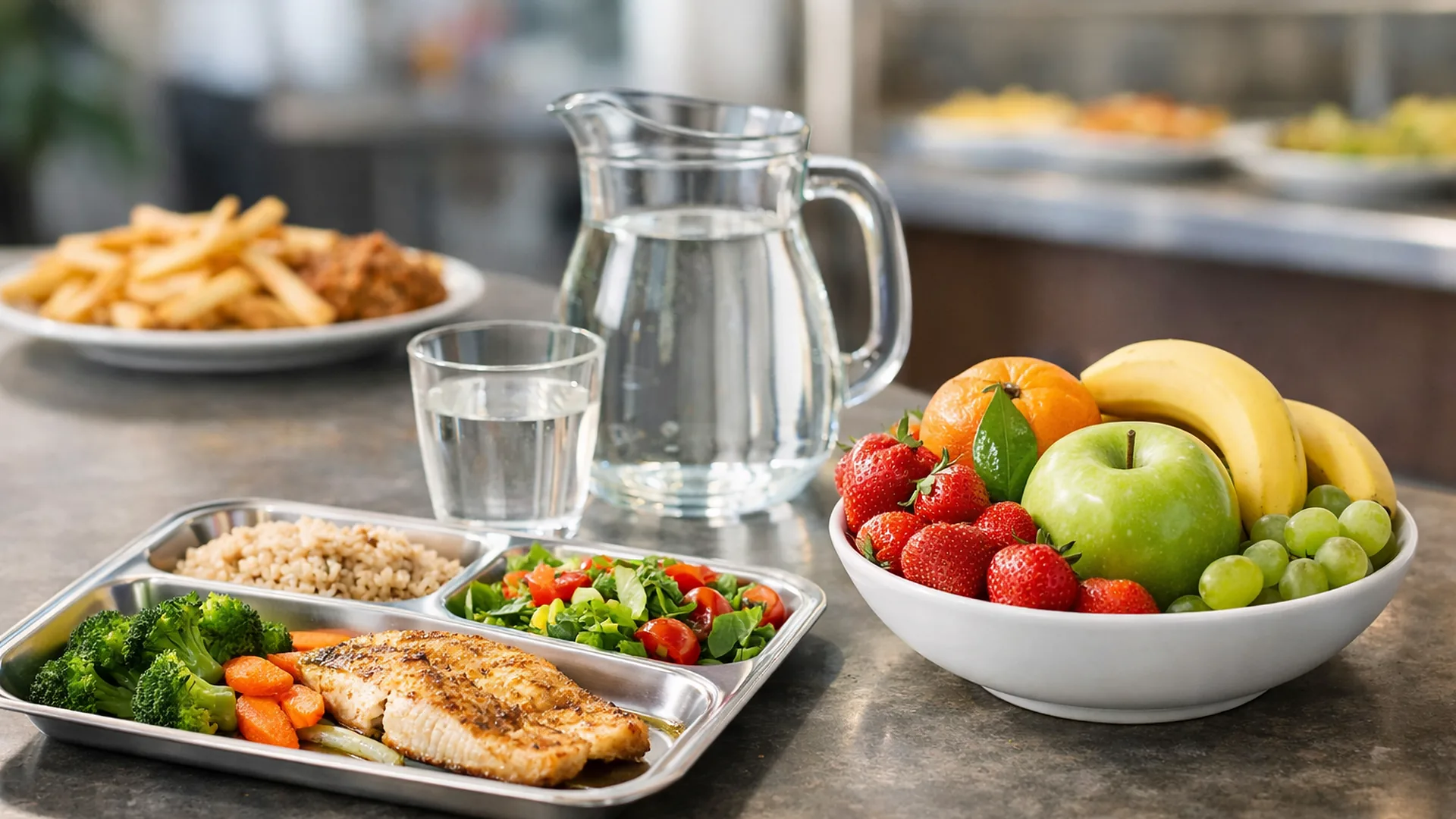 Decreto comedores escolares en España con bandeja de comida saludable, fruta fresca y agua en un comedor escolar