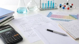 Exámenes química PAU con hoja de examen, calculadora, tabla periódica y material de laboratorio sobre mesa de estudio