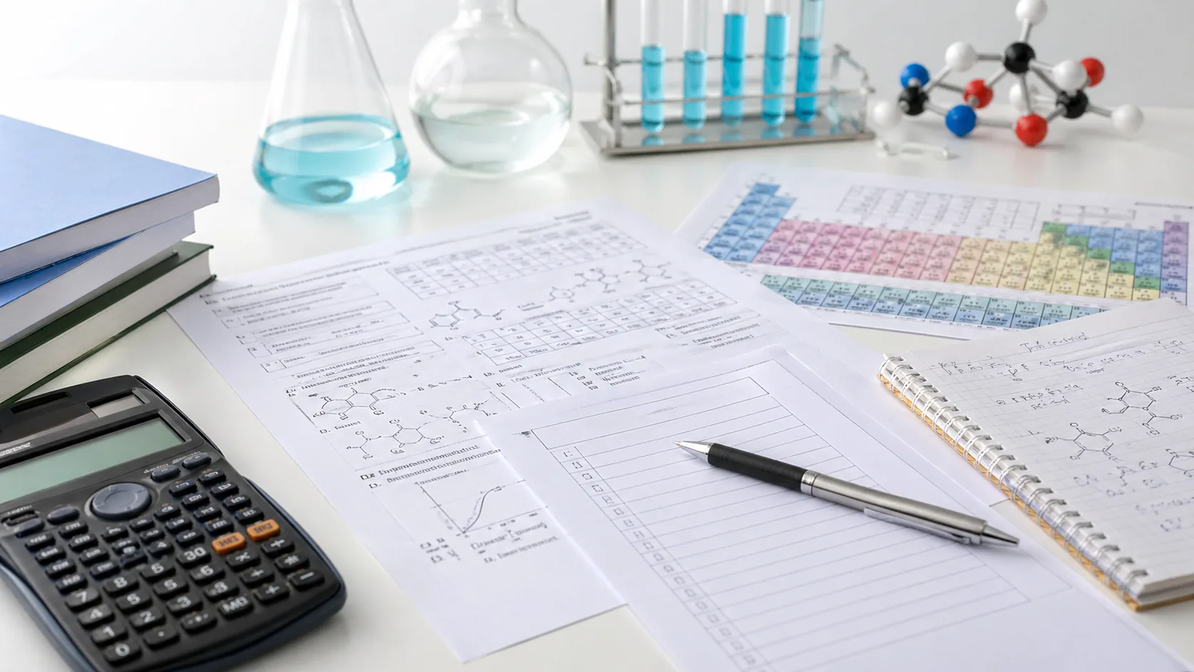 Exámenes química PAU con hoja de examen, calculadora, tabla periódica y material de laboratorio sobre mesa de estudio