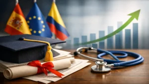 Homologación de títulos extranjeros en España con expedientes universitarios, birrete y símbolo de avance récord en 2025