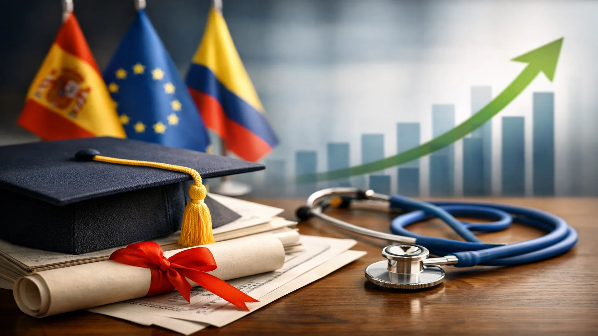 Homologación de títulos extranjeros en España con expedientes universitarios, birrete y símbolo de avance récord en 2025