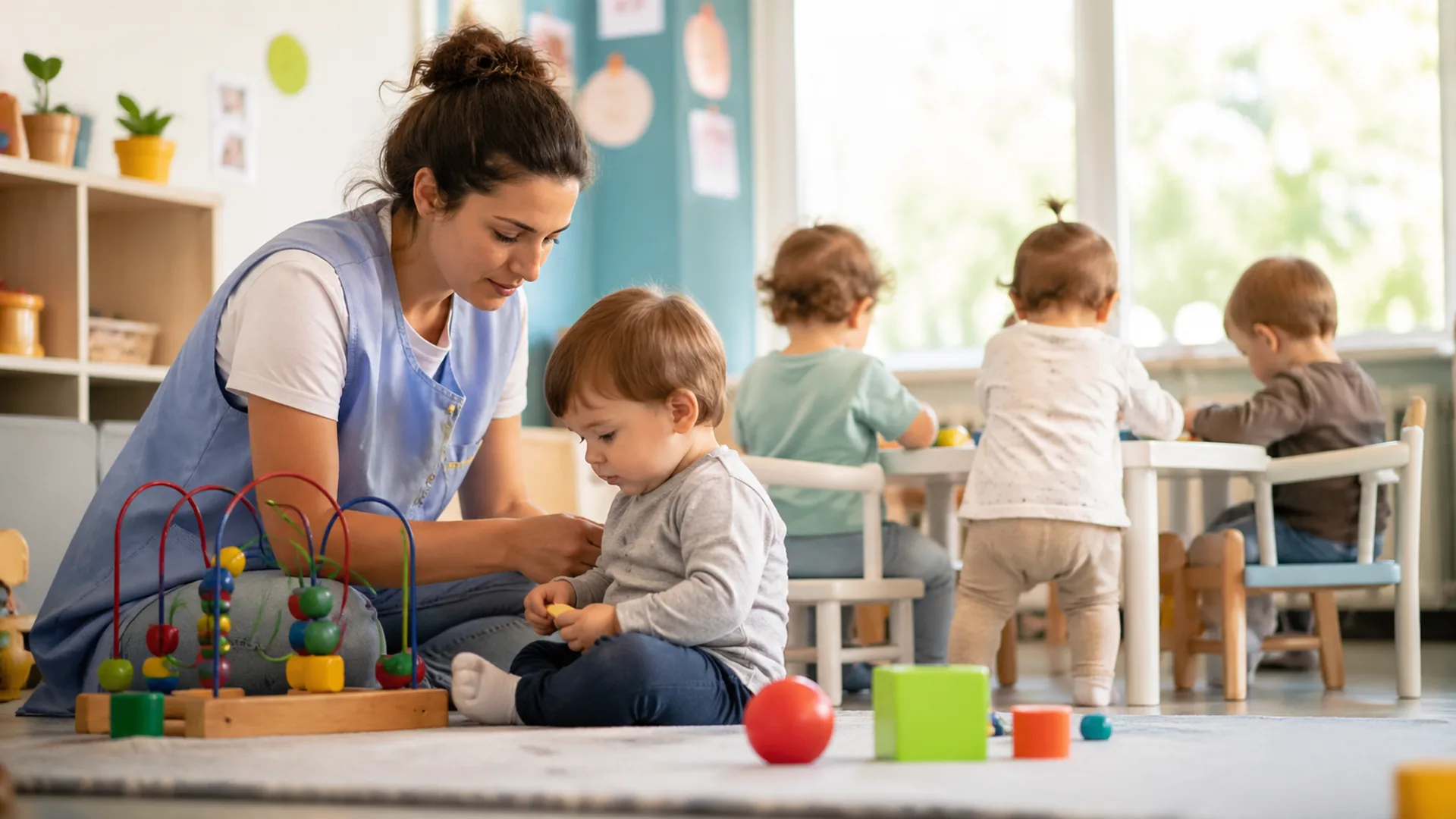 Educadora atendiendo a niños pequeños en una escuela infantil durante el debate por la huelga escuelas infantiles