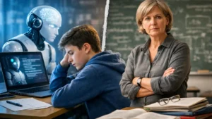 IA y pensamiento crítico en el aula con alumno usando inteligencia artificial y profesora preocupada