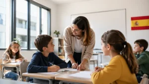 Menos alumnos por aula en España con profesora atendiendo a un grupo reducido en clase de Primaria