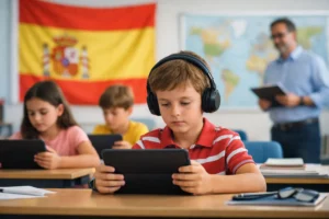 PISA español primaria en aula digital con alumnos realizando una evaluación nacional en un colegio de España