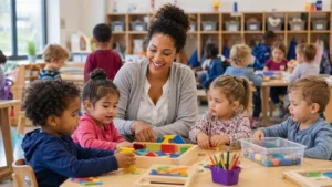 aula de preescolar publico en eeuu con maestra y niños en clase infantil moderna