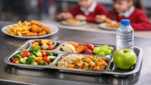 Reforma menu escolar Inglaterra con bandeja de comida saludable en comedor escolar y frutas frescas en primer plano