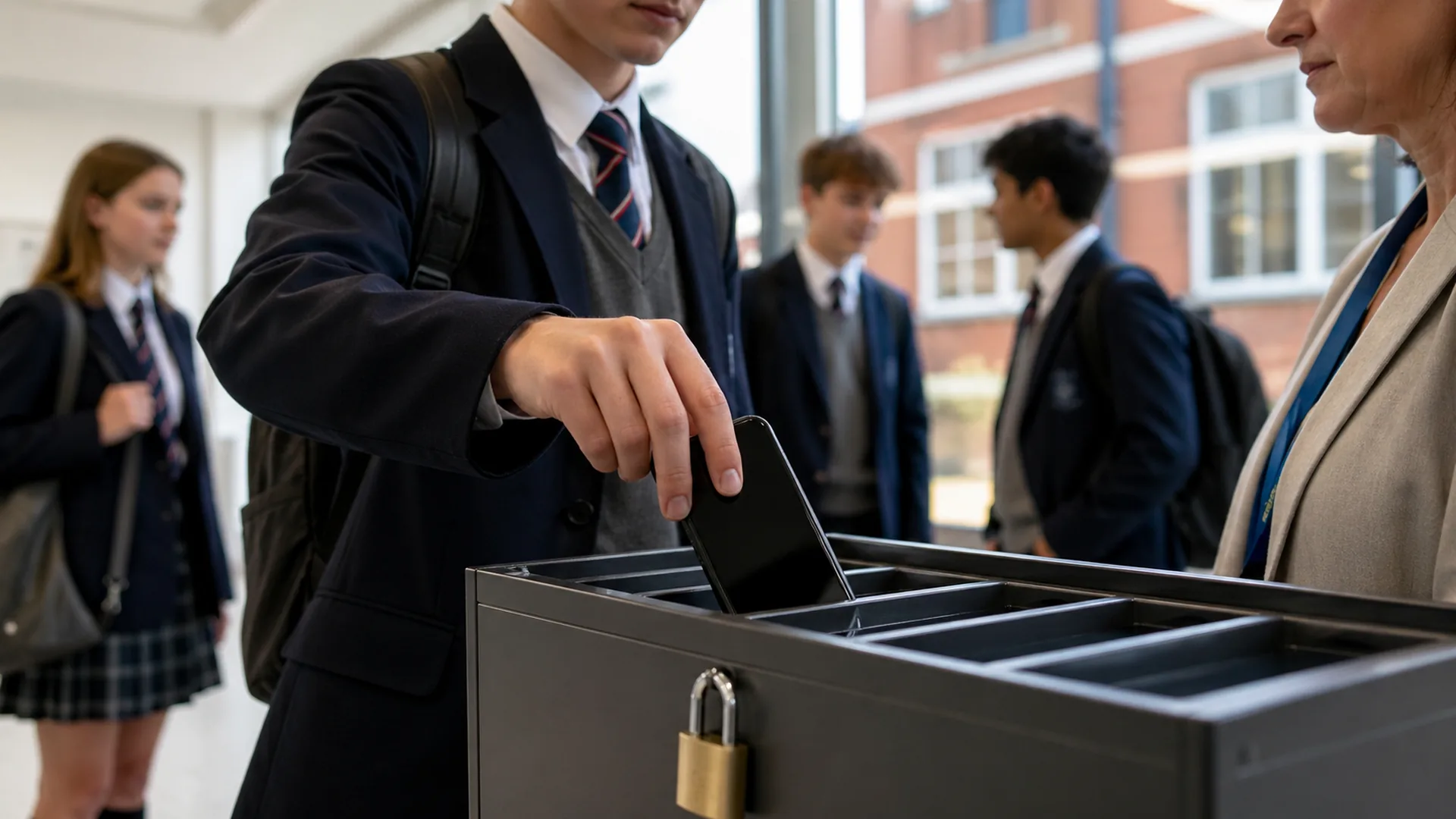 Alumno entrega su teléfono en un colegio de Inglaterra por el veto móvil escolar durante la jornada lectiva.