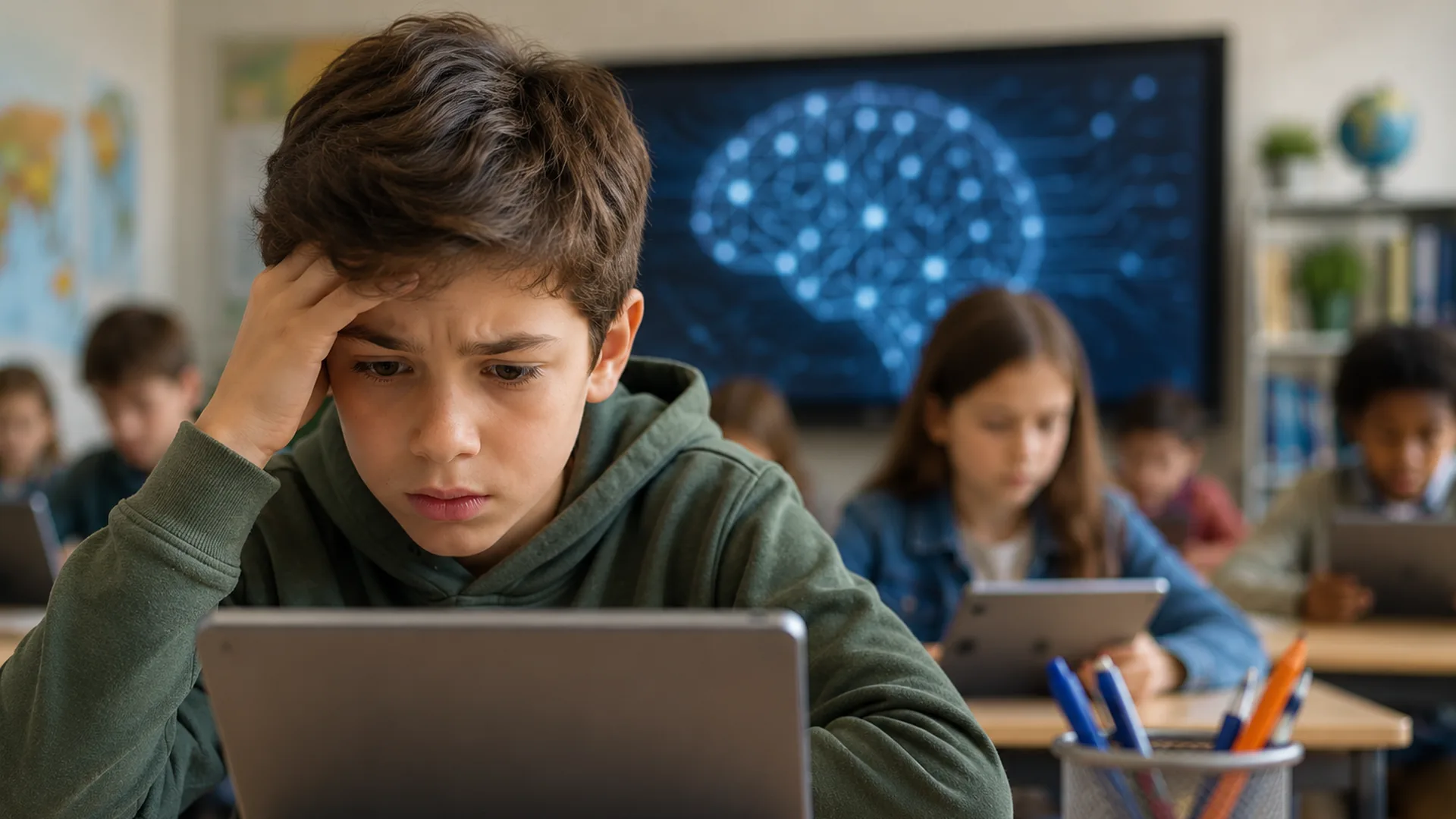 Alumno preocupado frente a un portátil en clase durante una actividad de alfabetización digital escolar con inteligencia artificial.