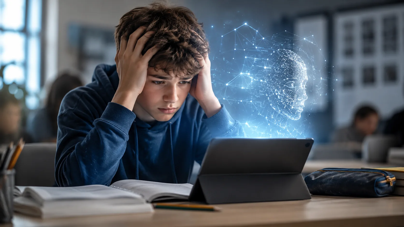 ansiedad escolar por IA en estudiante preocupado frente a una tablet en un aula con inteligencia artificial generativa