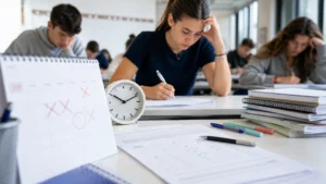 Estudiantes realizando un examen con calendario y reloj en primer plano para consultar el calendario PAU 2026