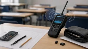 detectores de frecuencia PAU en aula de examen para controlar dispositivos ocultos durante la prueba de acceso a la universidad