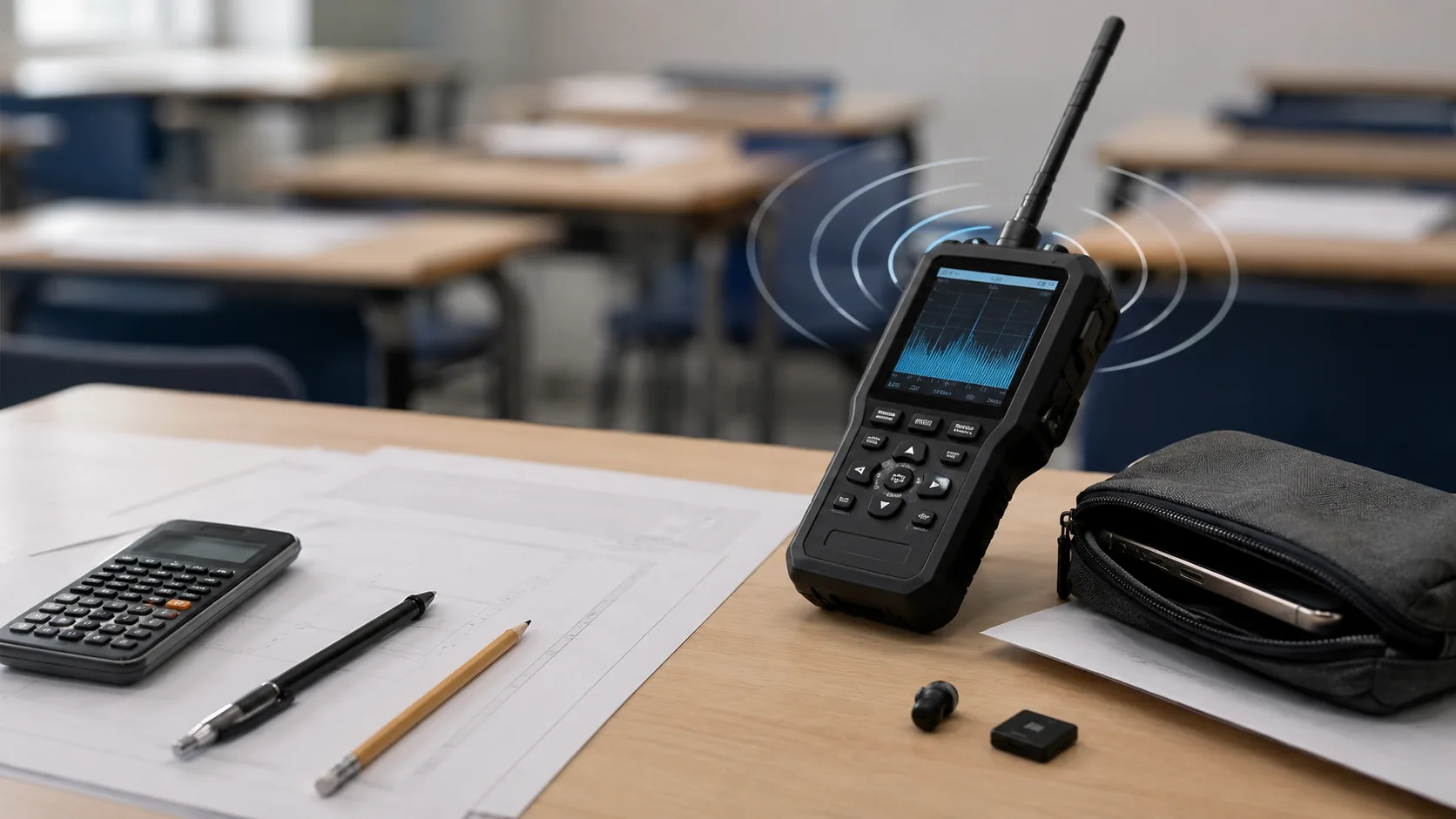 detectores de frecuencia PAU en aula de examen para controlar dispositivos ocultos durante la prueba de acceso a la universidad