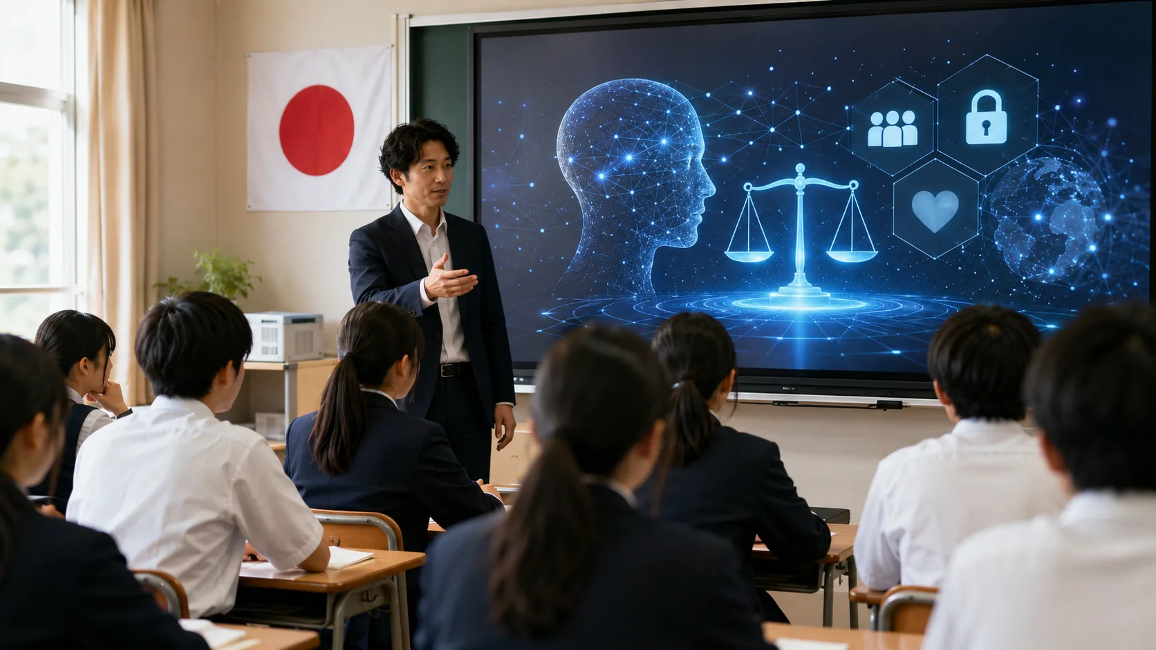 ética de la IA escolar en aula japonesa con profesor explicando inteligencia artificial responsable y seguridad digital.