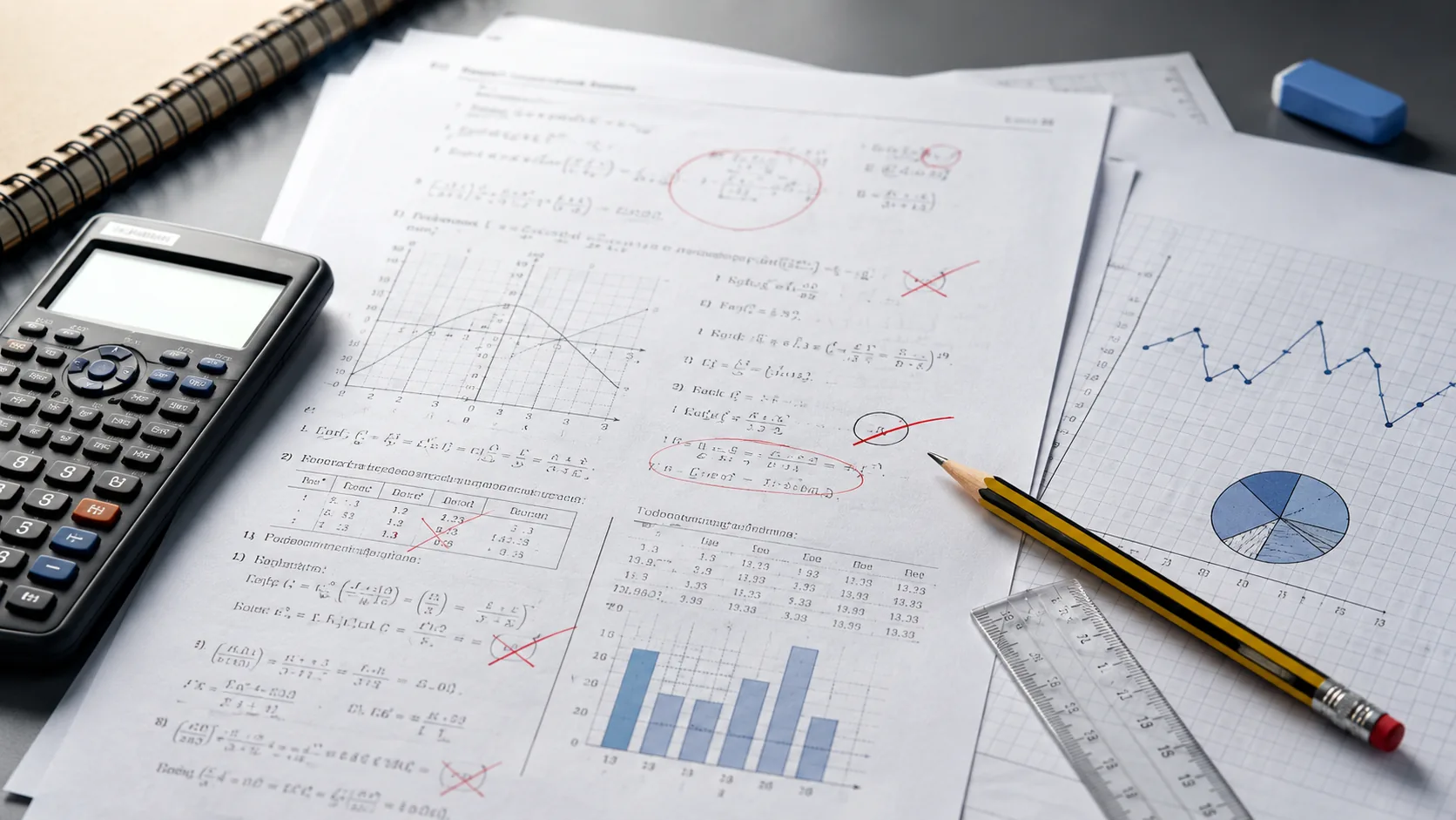 Exámenes matemáticas aplicadas PAU con calculadora, gráficos y ejercicios corregidos sobre una mesa de estudio.