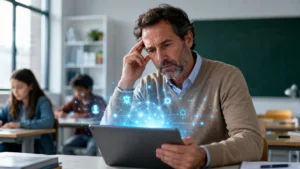 IA sin guía docente en un aula con profesor usando una tablet y hologramas de inteligencia artificial.