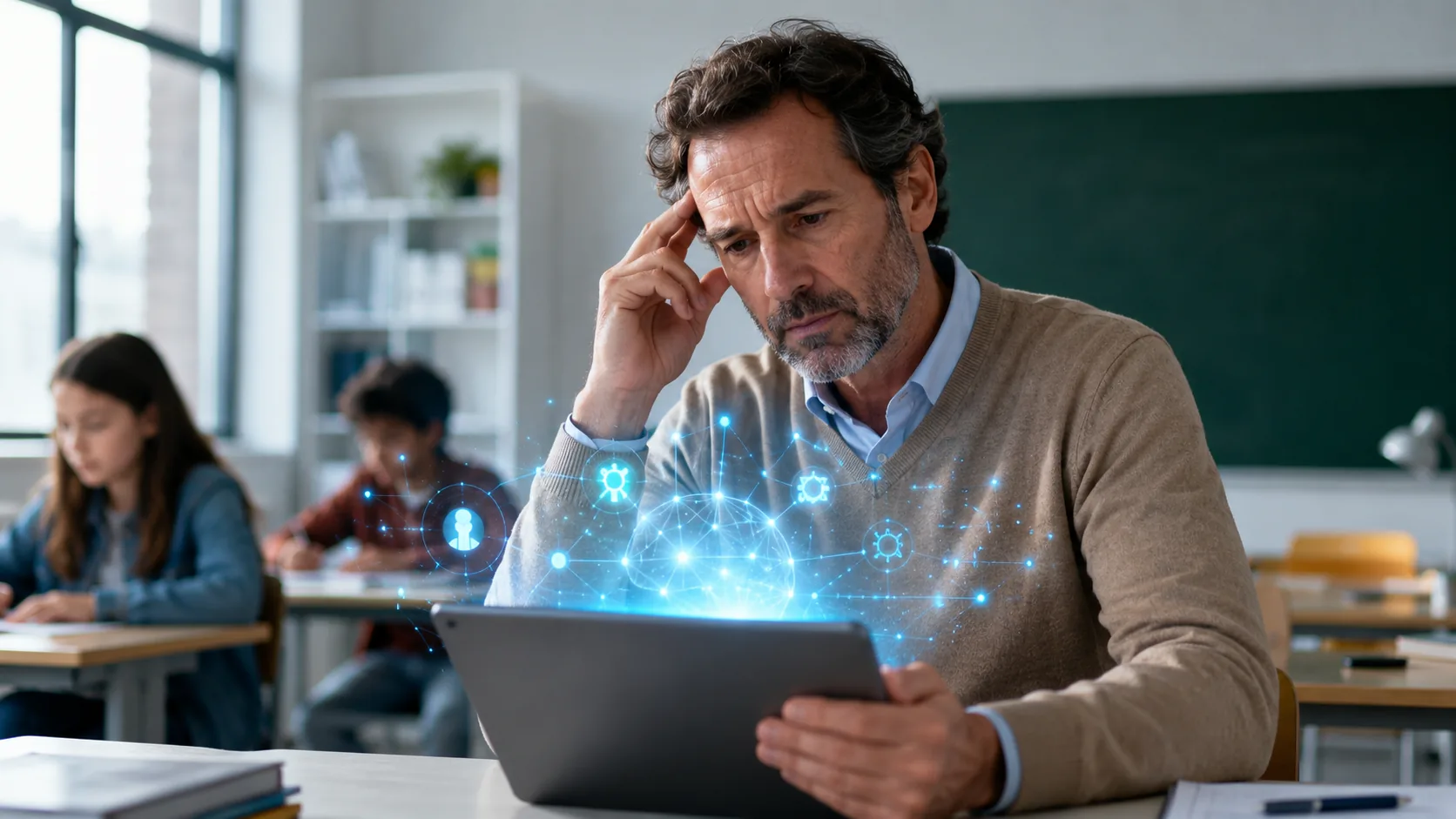 IA sin guía docente en un aula con profesor usando una tablet y hologramas de inteligencia artificial.