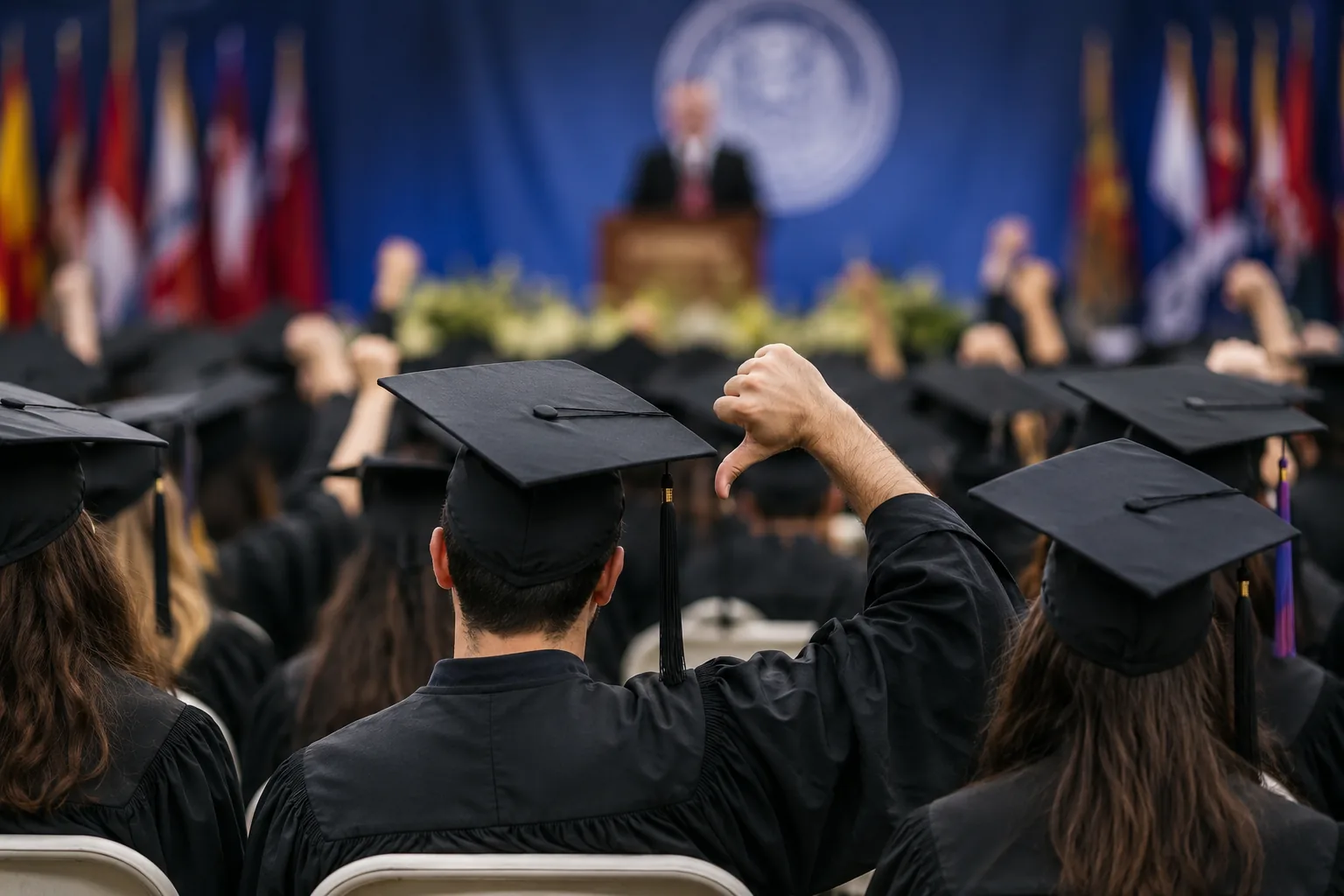 IA y empleo universitario en una ceremonia de graduación con estudiantes adultos y debate sobre el futuro laboral.