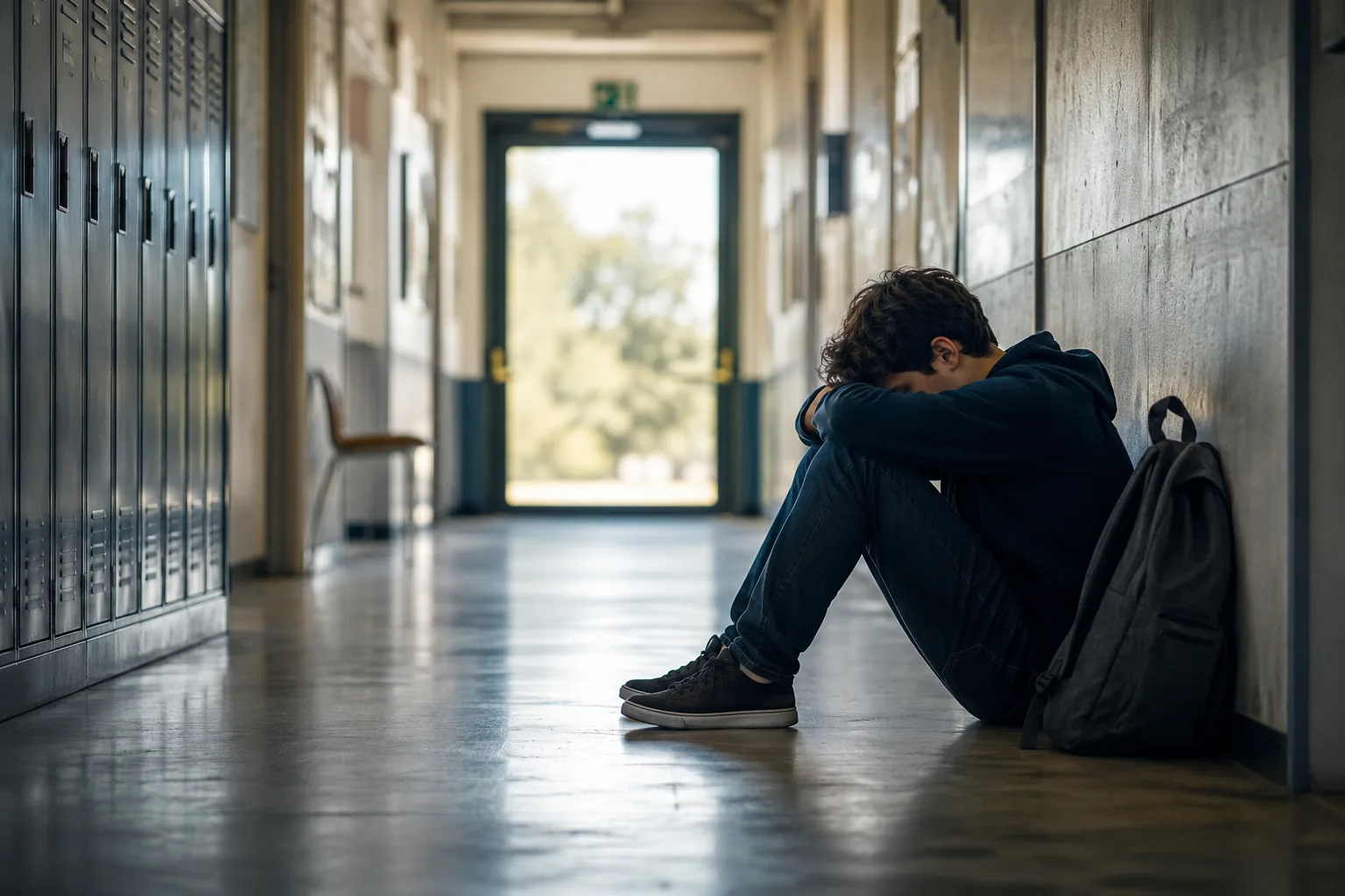 Joven sentado en un pasillo escolar vacío que ilustra la situación de los jóvenes sin estudiar ni trabajar.