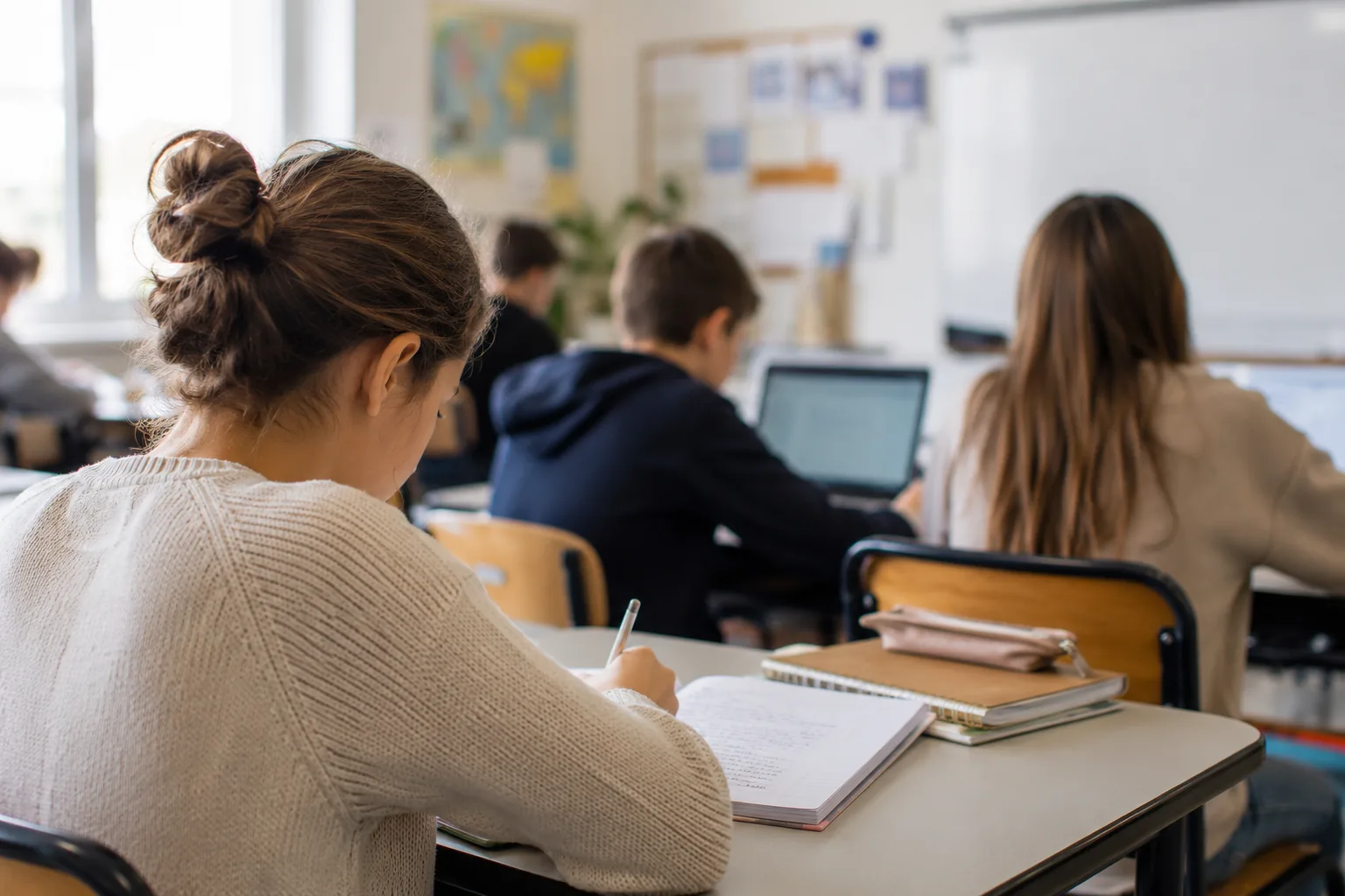 Pantallas en las aulas con estudiantes trabajando en clase entre cuadernos y dispositivos digitales