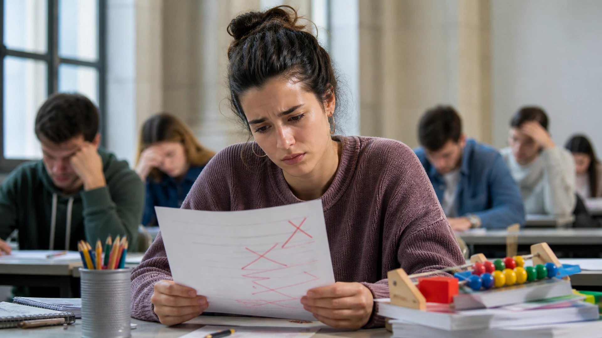 Aspirante a Magisterio revisa una prueba suspendida en un aula universitaria