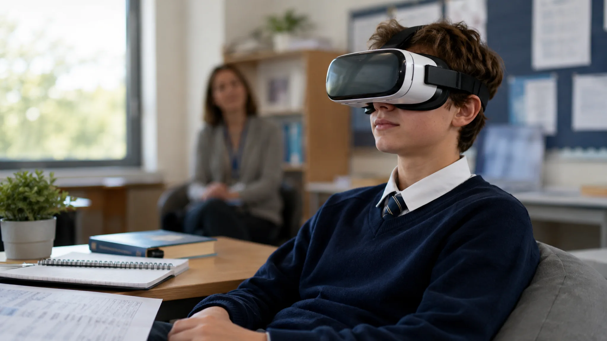 Estudiante usando gafas de realidad virtual escolar para reducir el estrés antes de un examen