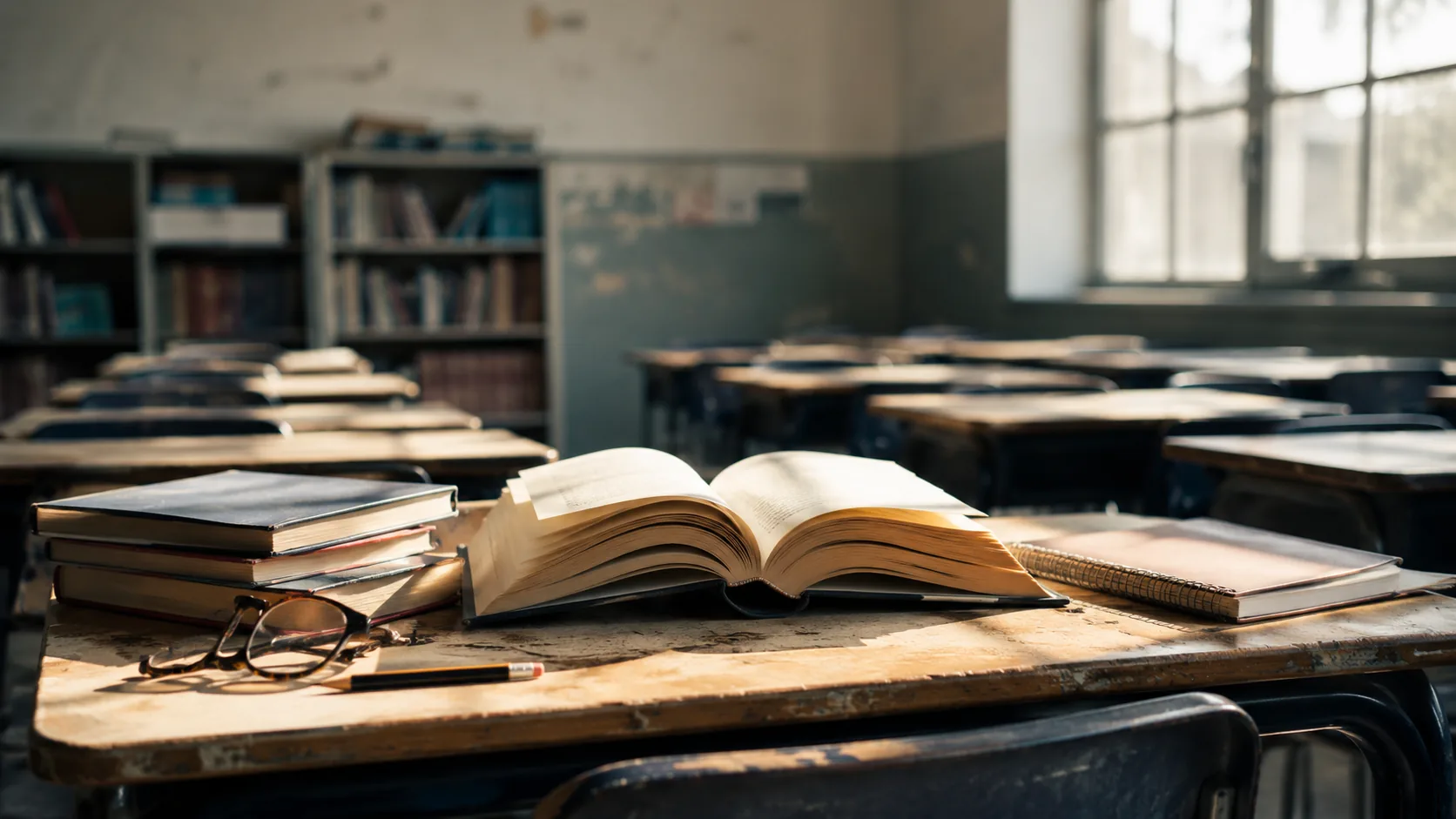 recesión lectora escolar representada con libros abiertos y pupitres vacíos en un aula iluminada por luz natural