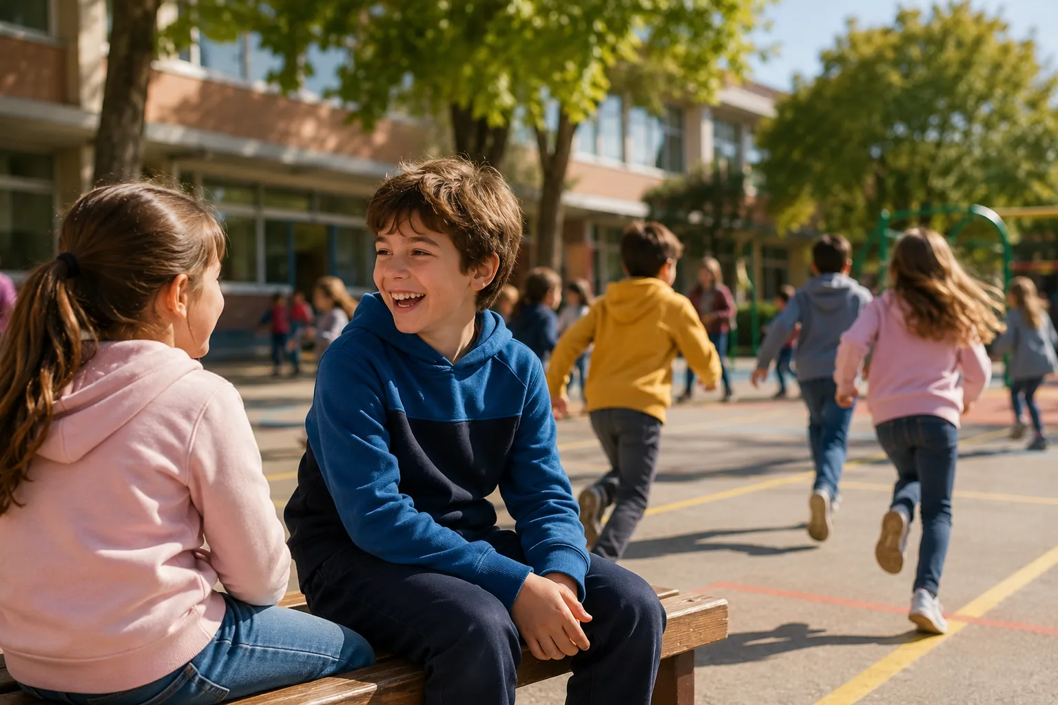 Recreo escolar diario con alumnos jugando en el patio del colegio durante una pausa educativa.