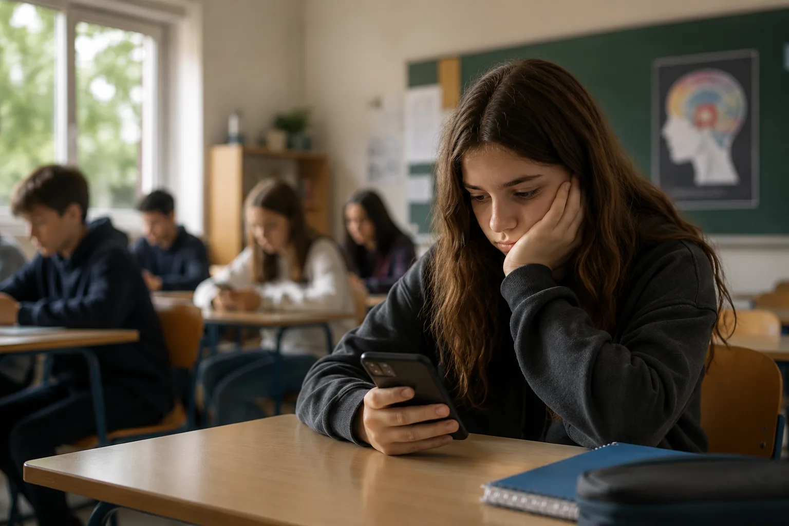 Alumna usando el móvil en clase para ilustrar el debate sobre redes sociales en escuelas.