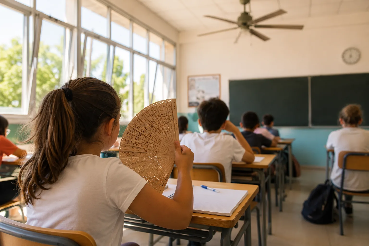 Calor en las aulas durante una clase con estudiantes soportando altas temperaturas en un colegio.