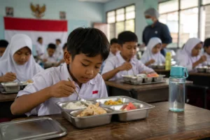 comidas escolares gratis Indonesia en comedor escolar con estudiantes recibiendo almuerzo en un colegio público.