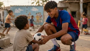 Joven futbolista jugando con un niño para representar el derecho al juego infantil y su importancia en el aprendizaje.