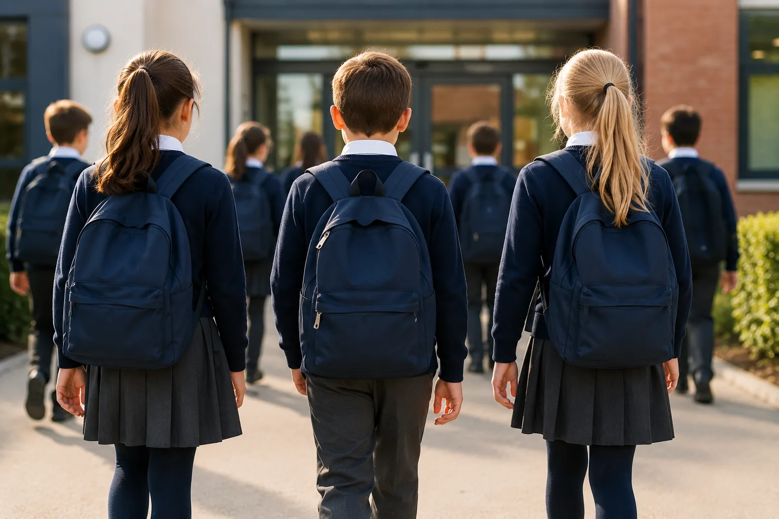 Uniforme escolar genérico en estudiantes caminando hacia el colegio con mochilas y ropa básica de uso escolar.